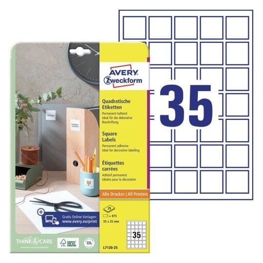 Avery L7120 - Papir - permanent klæbemiddel - hvit - 35 x 35 mm 875 etikett(r) (25 ark x 35) etiketter