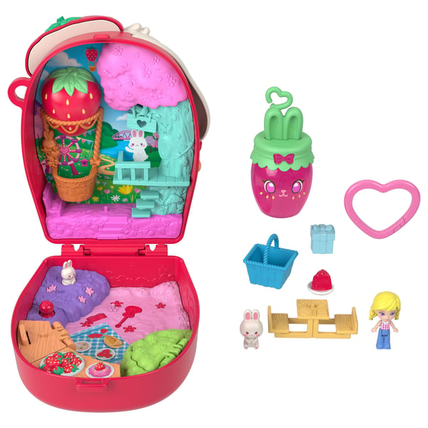 Polly Pocket Strawberry Bunny Basket -minileikkisetti, 1 mikronukke ja lemmikki