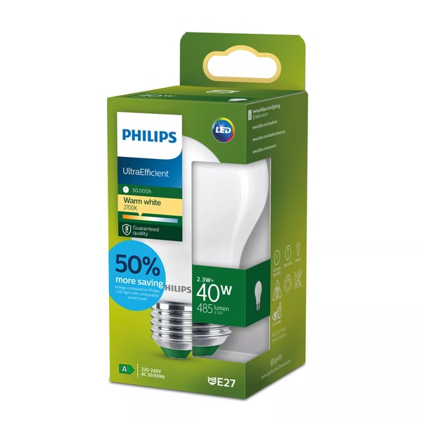 Philips - LED-glödlampa med filament - form: A60 - glaserad finish - E27 - 2.3 W (motsvarande 40 W) - klass A - varmt vitt ljus - 2700 K
