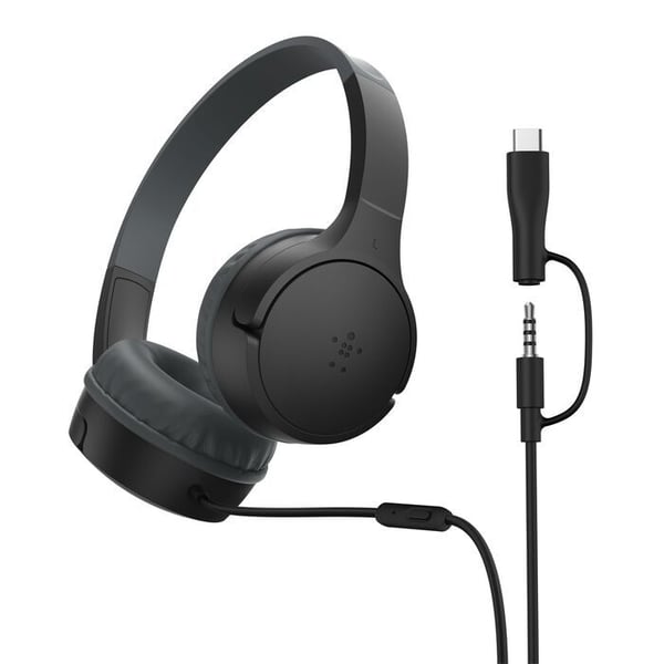Belkin SoundForm Mini - Hörlurar med mikrofon - på örat - kabelansluten - 3,5 mm kontakt, USB-C - svart
