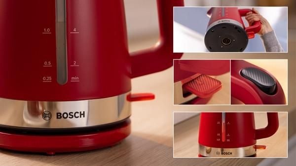 Bosch TWK4M224, 1,7 l, 2400 W, Rød, Rustfritt stål, Vannivåindikator, Overopphetingsbeskyttelse