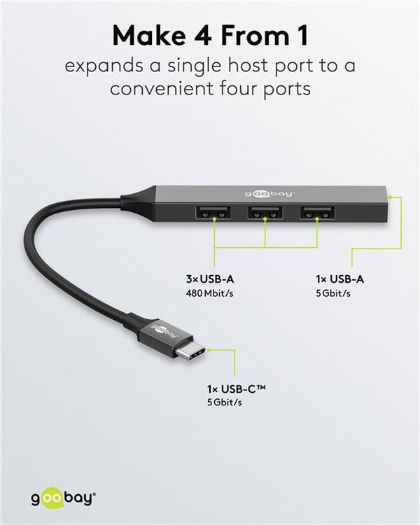Goobay 74457, USB 3.2 Gen 1 (3.1 Gen 1) Type-C, USB 2.0 Type-A, USB 3.2 Gen 1 (3.1 Gen 1) Type-A, 5000 Mbit/s, Lysegrå, Aluminium, 0,1 m
