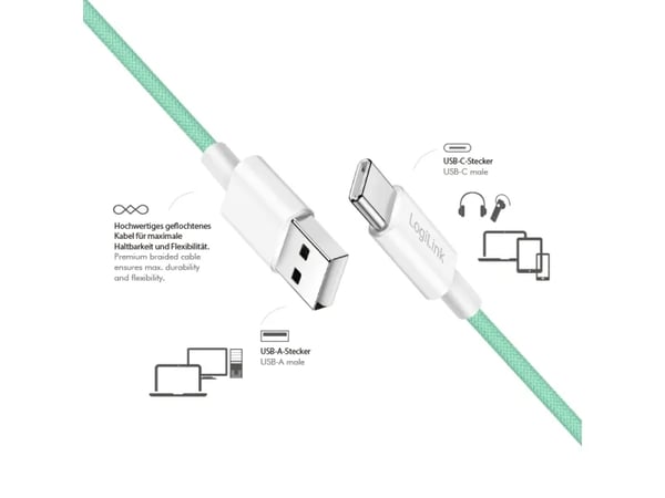 LogiLink CU0327, 1 m, USB A, USB C, USB 2.0, 0,48 Gbit/sek, Grön