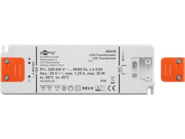 Goobay 60419, Elektroninen valaistusmuuntaja, Oranssi, Valkoinen, IP20, -20 - 45 °C, CE, RoHS Directive 2011/65/EU [OJEU L174/88-110, 01.07.2011, 30 W