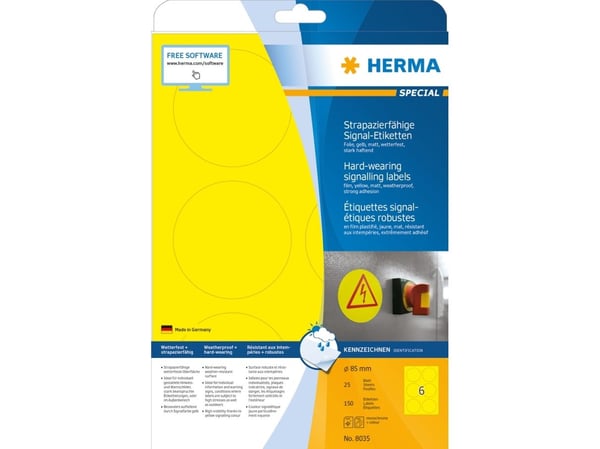 HERMA 8035, Keltainen, Itse kiinnittyvä tulostintarra, A4, Laser, Kiinteä, Matta
