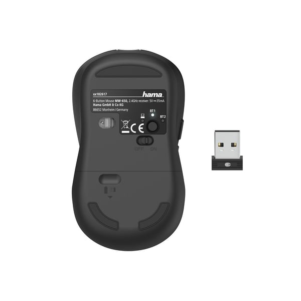 Hama MW-650 - Mus - høyrehendt - optisk - 6 knapper - trådløs - 2.4 GHz, Bluetooth 5.0 - USB trådløs mottaker - svart
