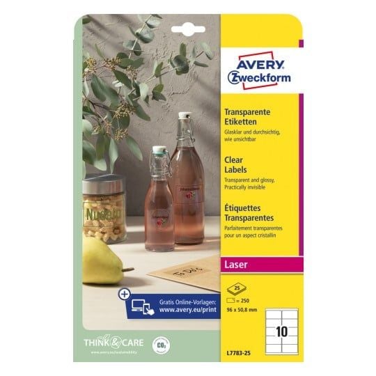 Etiketter Avery 96x50,8 mm, transparente, krystallklare, permanente, for laserskriver - (25 ark x 10 stk.)