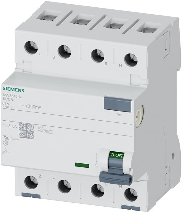 SIEMENS vikavirtasuojakatkaisija tyyppi A 63A 3-napainen + nolla 300mA laukaisuvirta 400V 4 moduulin leveys
