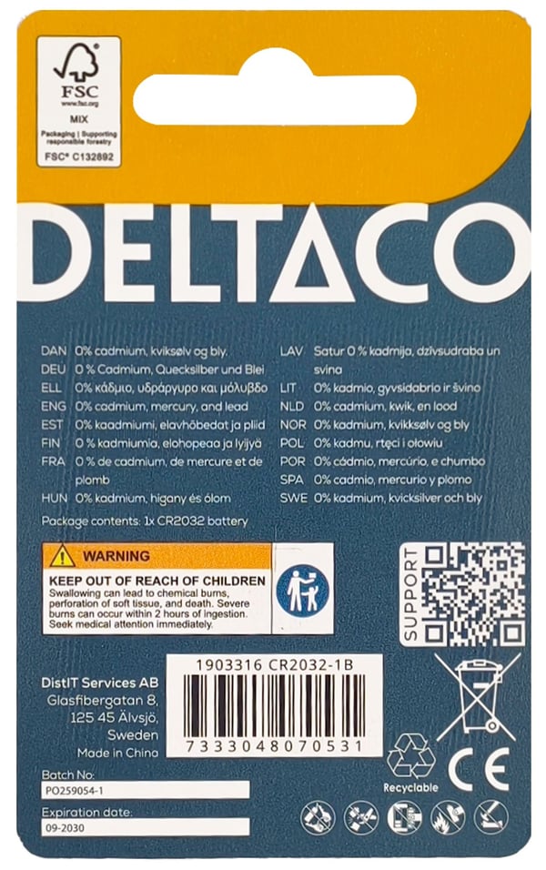 DELTACO - Batteri CR2032 - Li - 240 mAh