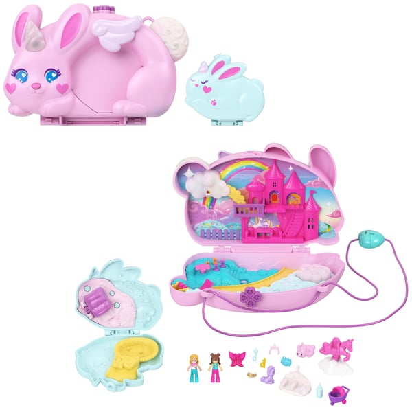 Polly Pocket 2-i-1 Bunny Fun kiste, bærbart lommelekesett med 2 dukker og 12 tilbehør inkludert dyr
