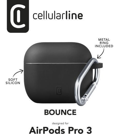 Cellularline Bounce Case, Kotelo, musta, Apple, AirPods Pro 3, Silikoni, Kolahduksenkestävä, Likaa hylkivä, Naarmuuntumisenkestävä
