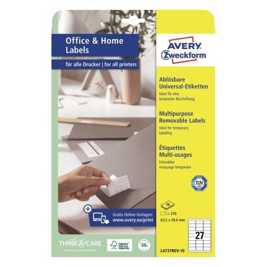 Avery L4737REV-10, Hvit, Laser/Blekkskriver, 63.5 x 29.6 mm, 270 stykker, 10 ark