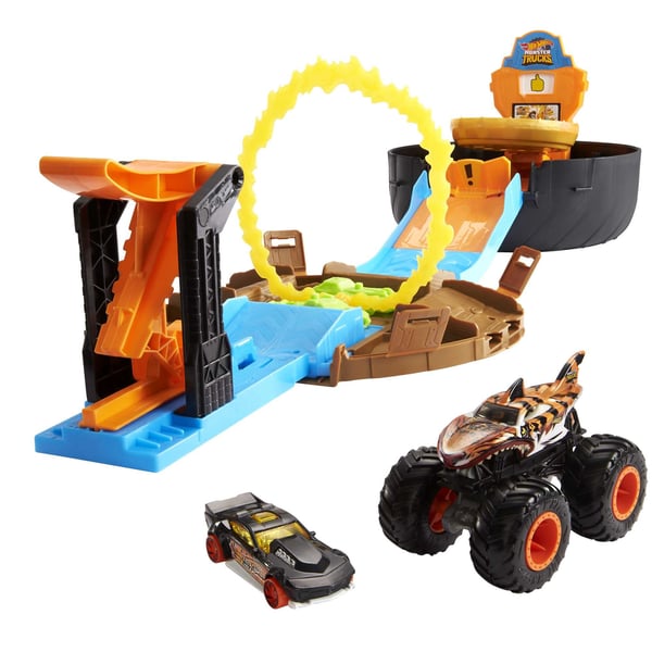 Hot Wheels Monster Trucks Stunt Tire-lekesett med utskyter, 1 -bil i målestokk 1:64 og 1 monstertruck, Monstertruck og banesett, 4 år, Plast, Metal...