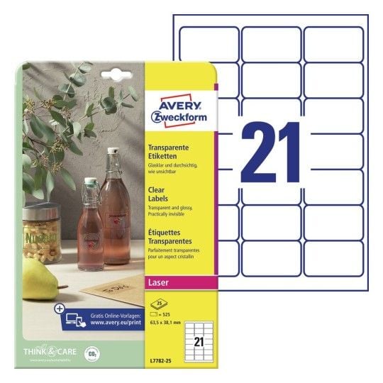 Etiketter Avery Crystal Clear 63,5x38,1 mm transparant - (25 ark x 21 stk.)