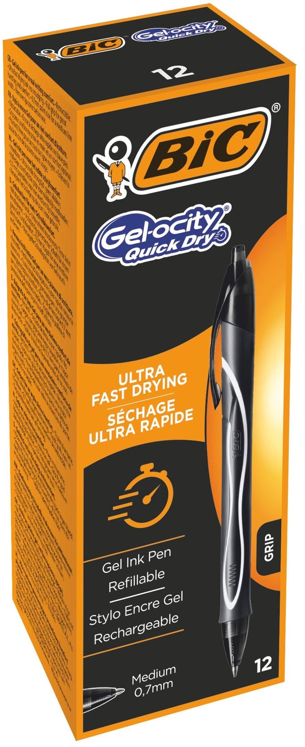 BIC Gel-ocity QuickDry - Kulepenn - sort - gelblank - 0,7 mm - medium - (12 stk.)