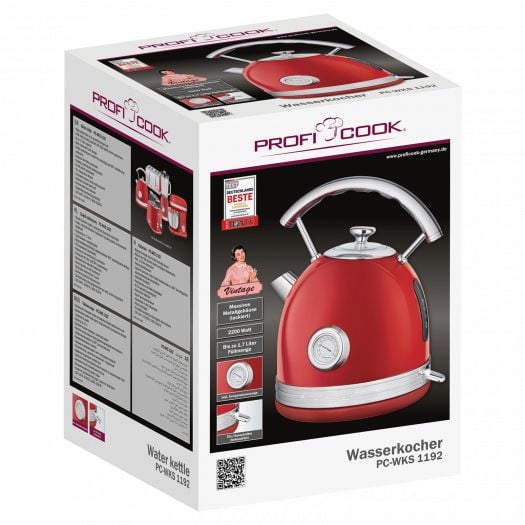 ProfiCook PC-WKS 1192, 1,7 l, 2200 W, Rød, Metall, Rustfritt stål, Vannivåindikator, Overopphetingsbeskyttelse
