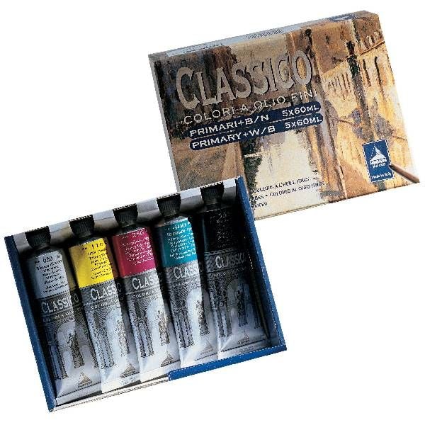 Maimeri Classico Oil Set - 5x60ml - Italiensk kvalitets oliemaling (Primær farver +sort & hvid)