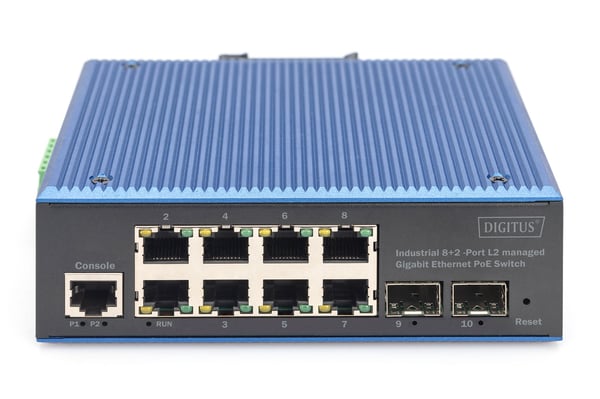 DIGITUS DN-651157 - Switch - industrial, L2 - Styrt - 8 x 10/100/1000 (PoE) + 2 x Gigabit SFP - DIN-skinnemonterbar - PoE (200 W)