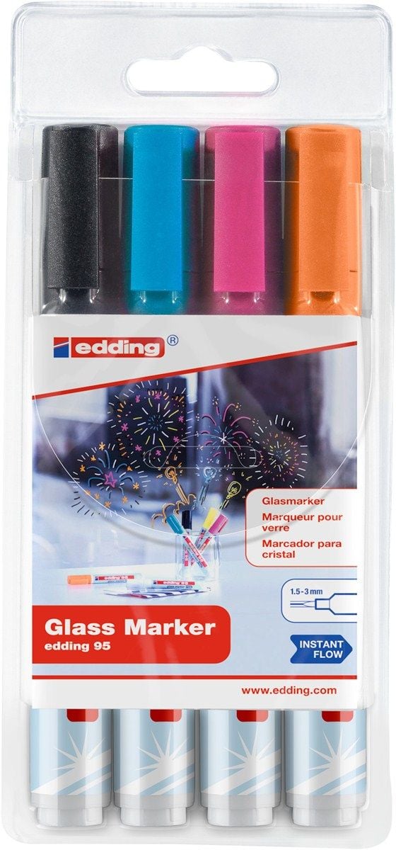 Edding 95 Glass, 4 styck, Svart, Blå, Orange, Rosa, Rundad spets, Multifärg, Plast, 1,5 mm