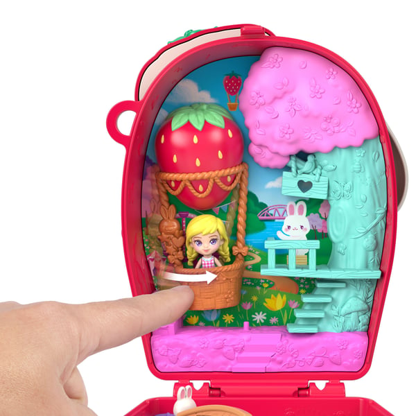 Polly Pocket Strawberry Bunny Basket -minileikkisetti, 1 mikronukke ja lemmikki