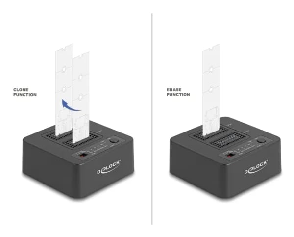 Delock - SSD-dokkestasjon - clone and erase function - brønner: 2 - M.2 - M.2 NVMe Card / PCIe (NVMe) - USB-C 3.2 (Gen 2) - svart