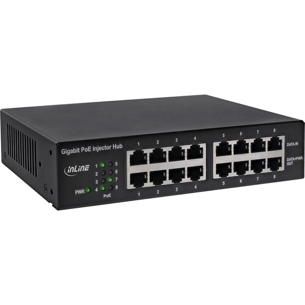 InLine 32308H, Gigabit Ethernet, 10,100,1000 Mbit/s, IEEE 802.3, IEEE 802.3ab, IEEE 802.3af, IEEE 802.3at, IEEE 802.3u, Sort, PoE, Strøm, 56 V