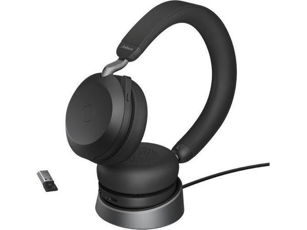 Jabra Evolve2 75 - Hodesett - on-ear - Bluetooth - trådløs - aktiv støydemping - USB-A - lydisolerende - svart - med ladestativ - Certified for Mic...