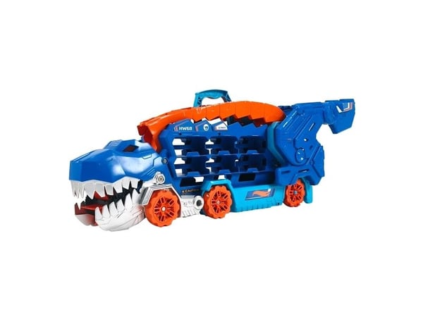Hot Wheels City Ultimat långtradare, förvandlas till en T-Rex med racerbana, rymmer över 20 bilar, Set med fordon och bana, 4 År, AAA, Plast, Multi...