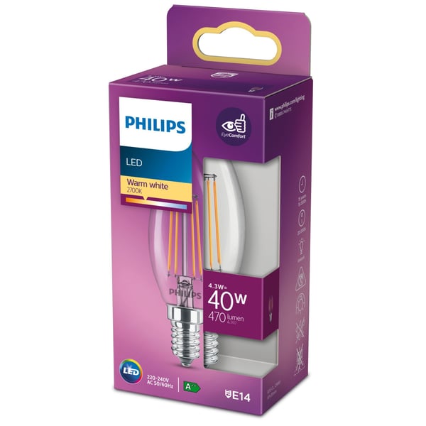 Philips - LED-filamentlyspære - form: B35 - klar finish - E14 - 4.3 W (ekvivalent 40 W) - klasse F - varmt hvitt lys - 2700 K