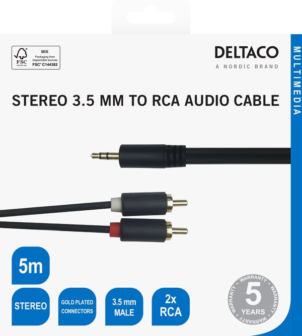 DELTACO - Ljudkabel - RCA x 2 hane till 3,5 mm ljuduttag hane - 5 m - svart