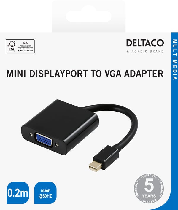 DELTACO - Videokort - Mini DisplayPort (hane) till 15 pin VGA (hona) - 20 cm - aktiv, stöd för 1920 x 1080 vid 60 Hz - svart