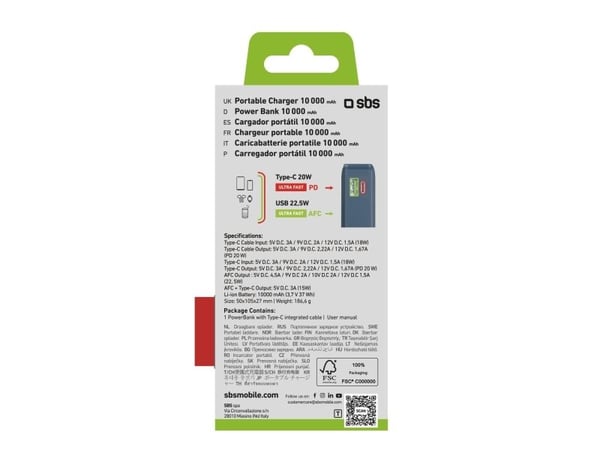 SBS Powerbank 10 000 mAh med innebygd USB-C-kabel, blå
