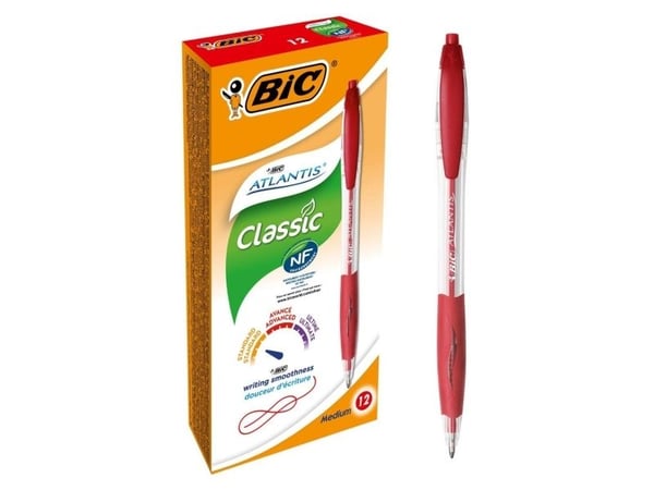 BIC Atlantis Classic, Klips, Kulepenn som åpnes og lukkes ved vridning, Rød, 12 stykker, Medium
