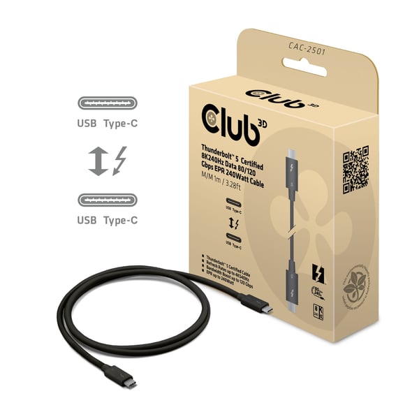 Club 3D - USB-kabel - USB-C (hane) till USB-C (hane) - USB 3.2 Gen 2 / USB4 / Thunderbolt 3 / Thunderbolt 4 / Thunderbolt 5 - 1 m - USB-strömförsör...