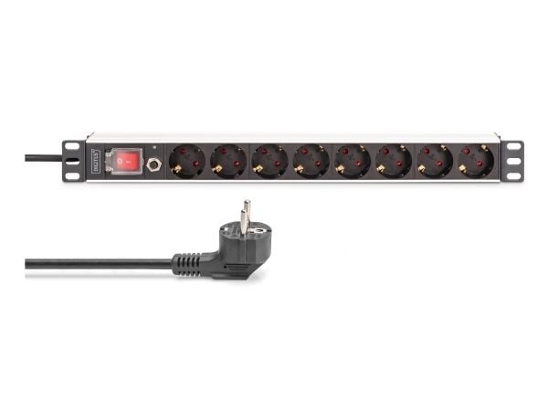 1U aluminium PDU, rackmontert, 7x sikkerhet + 1x utgang