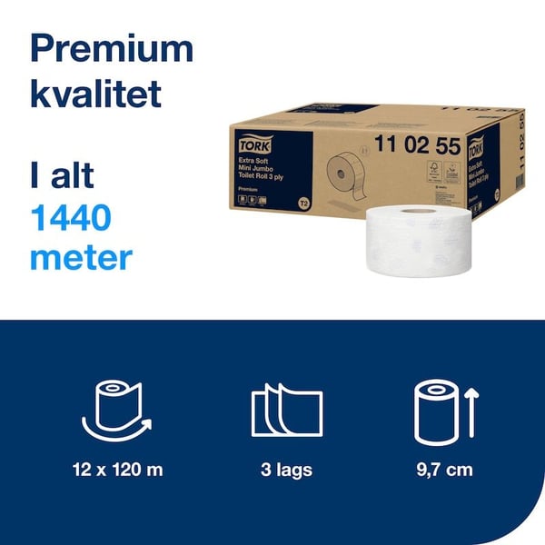 Toiletpapir Tork T2 Mini Jumbo Extra Soft Premium 3-lags hvid 120m - (12 ruller pr. karton)