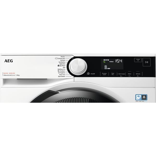 AEG Series 8000 TR834X85M, Vapaasti seisova, Edestä täytettävä, Lämpöpumppu, Valkoinen, Rotaatio, Oikea