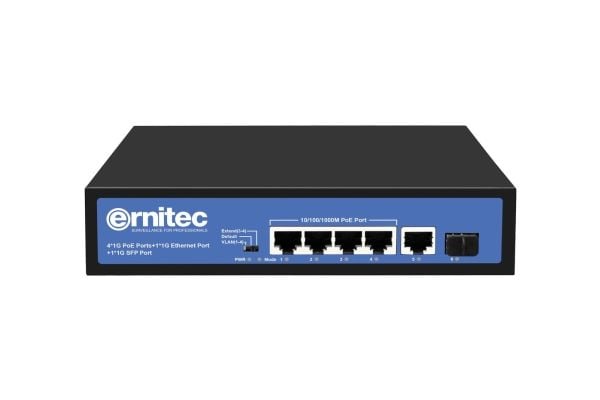 Ernitec - Switch - ikke-styrt - 4 x 10/100/1000 (PoE) + 1 x 10/100/1000 + 1 x Gigabit SFP - stasjonær - PoE