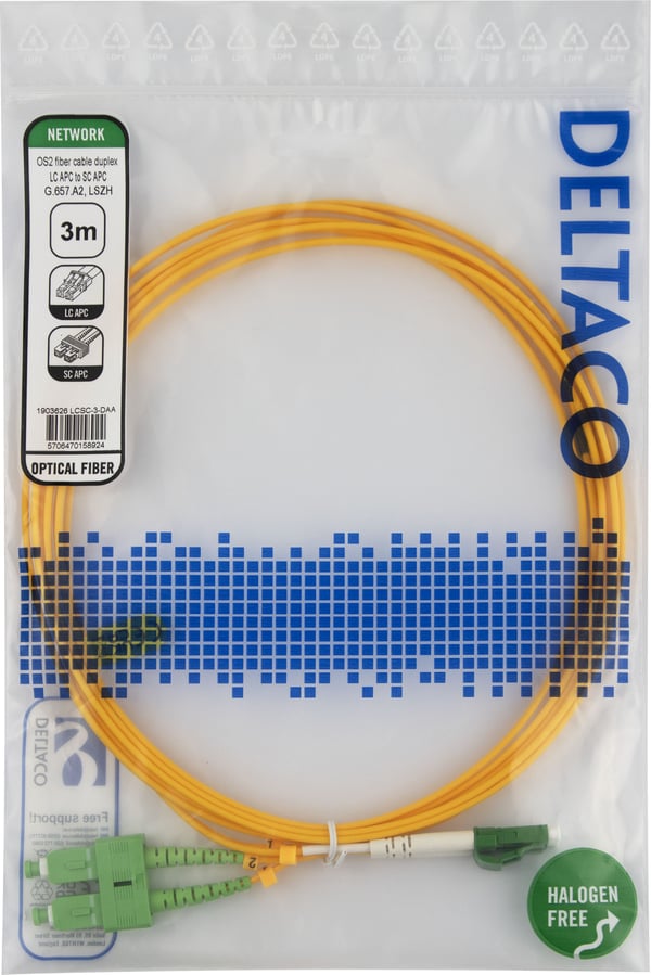 OS2 Fiberkabel, LC - SC, duplex, APC/APC, 3,0 m