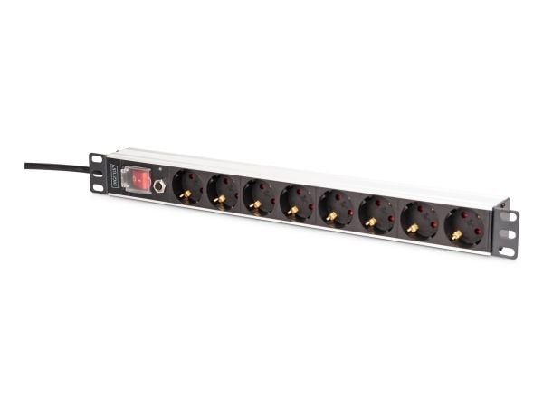 1U aluminium PDU, rackmontert, 7x sikkerhet + 1x utgang