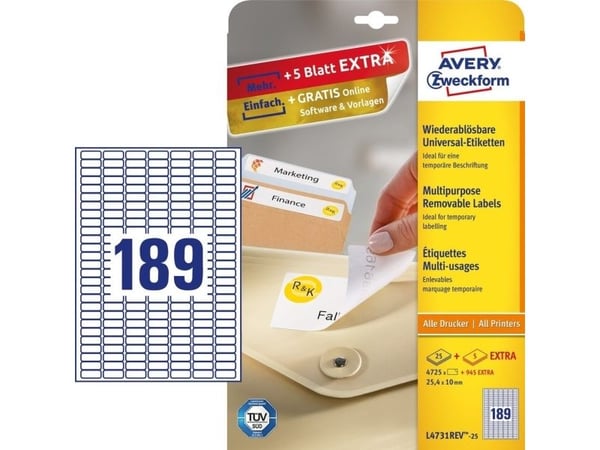 Etiketter Avery L4731-25 aftagelig universaletiket 25,4x10 mm hvid (æske á 5.670 etiketter)