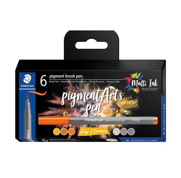 Staedtler Pigment Arts Brush Pen Greys & Caramels, 6 farger, Brun, Grå, Rund, Plast, Polypropylen (PP), Vann-basert blekk, Barn og voksne