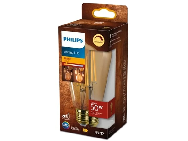 Philips Hehkulamppu (himmennettävä), 5,8 W, 50 W, E27, 640 lm, 15000 h, Flame