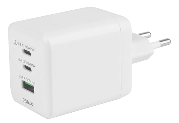 DELTACO Wall Charger - Strømadapter - GaN - 100 watt - 5 A (USB-type A, 2 x USB-C) - hvit