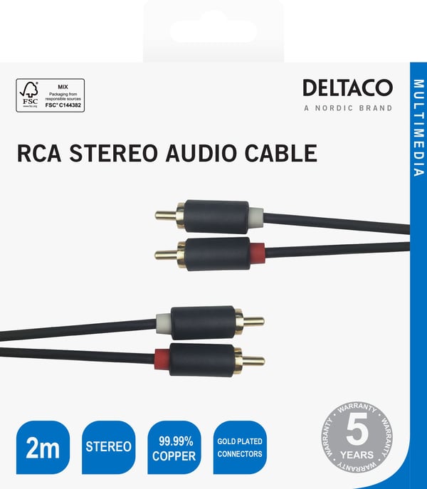 Deltaco RCA-stereoäänikaapeli, kullatut liittimet, 2 m, musta, RCA, Uros, RCA, Uros, 2 m, Musta