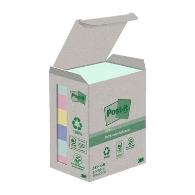 Post-it® Recycled Notes 38mm x 51mm 100 ark pr./blok - med 6 stk. blokke i ass. farver