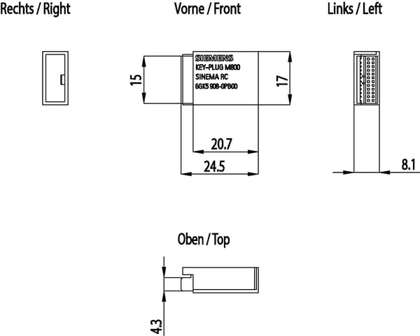 Siemens 6GK5908-0PB00, 17 mm, 24,3 mm, 8,1 mm, 27 g, 1 styck, CE, REACH