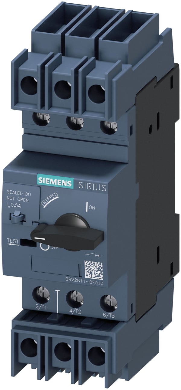 Siemens 3RV2811-0FD10 Effektafbryder 1 stk Indstillingsområde (strøm): 0.5 A (max) Koblingsspænding (max.): 690 V/AC (B x H x T) 45 x 144 x 97 mm