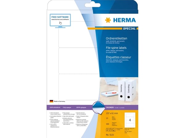 Herma Labels Special 5121, for files, A4, white, 157 x 61 mm, opaque matte paper, 100 pcs, rounded corners. (5121)