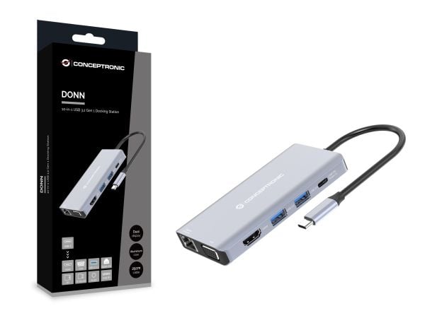 Conceptronic DONN20G, Koblet med ledninger (ikke trådløs), USB 3.2 Gen 1 (3.1 Gen 1) Type-C, 100 W, 3,5 mm, 10,100,1000 Mbit/s, Grå